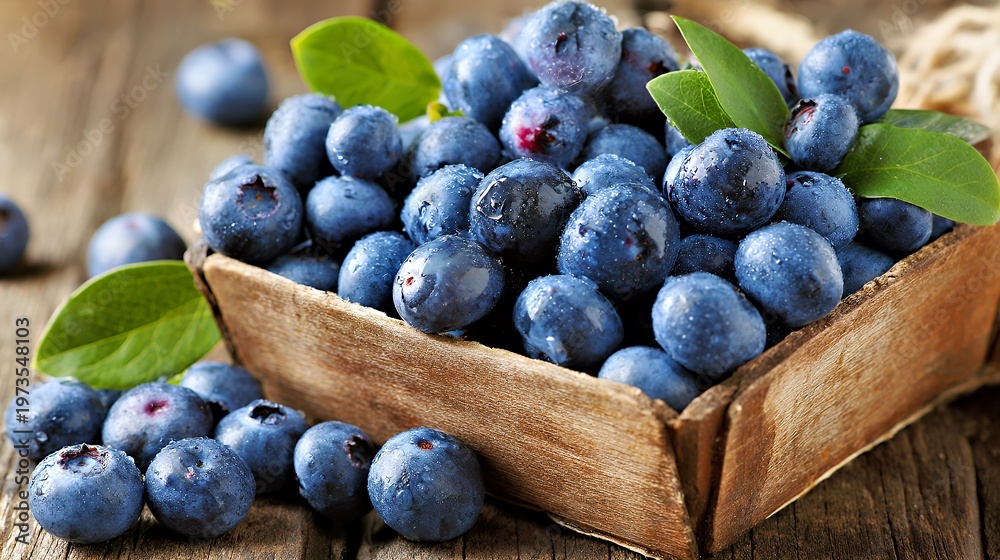 Fototapeta premium Fresh Wild Blueberries in Rustic Wooden Crate: Organic Antioxidant-Rich Berries