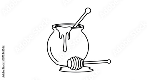 Simple line drawing of a honey jar with dripping honey and dipper