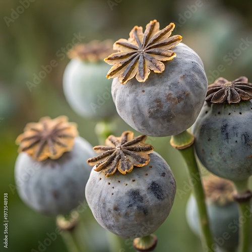 Extreme close up of poppy seed pods in garden with blurred green background and natural lighting
