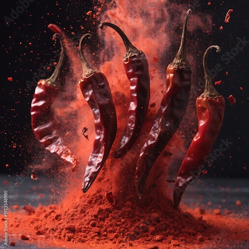 Red chili peppers exploding in vibrant red powder against dark background spice explosion with five chili peppers