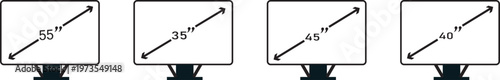 Evolution of display dimensions, artistic representation of various smart TV screen scales and widescreen proportions for home cinema.