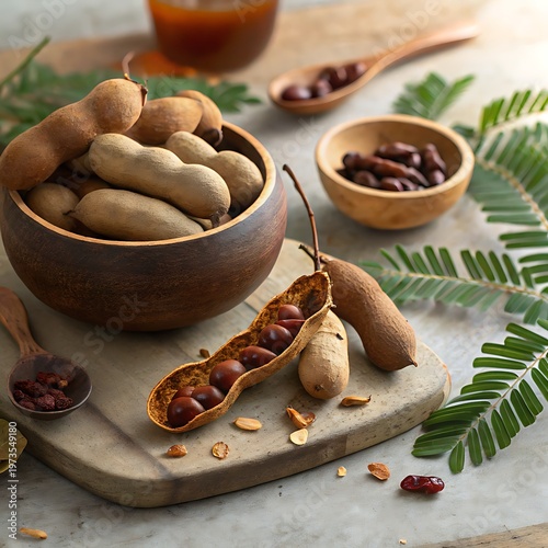 Tamarind pods and pulp in a rustic setting with wooden bowls and green leaves on a stone cutting board