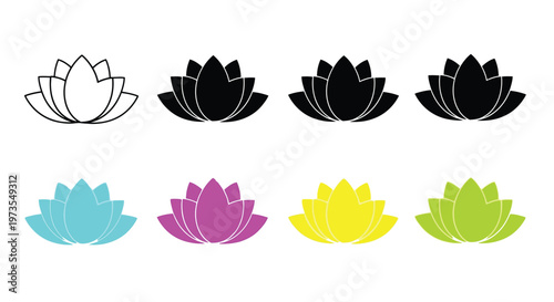 A collection of stylized lotus flower illustrations in varying colors