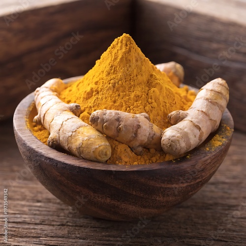 Turmeric powder and whole turmeric roots in a wooden bowl on rustic table golden spice heap