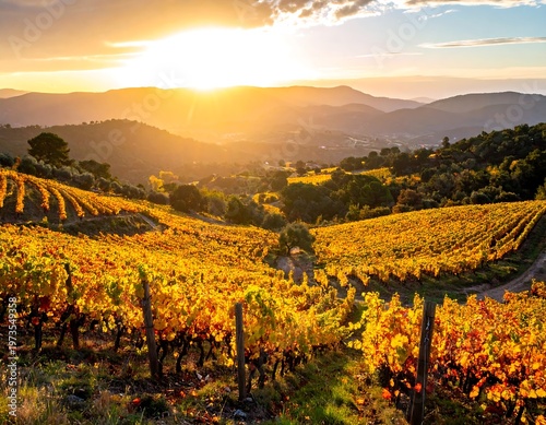 A stunning landscape of vineyards bathed in golden sunlight during a breathtaking sunset, with rolling hills in the background