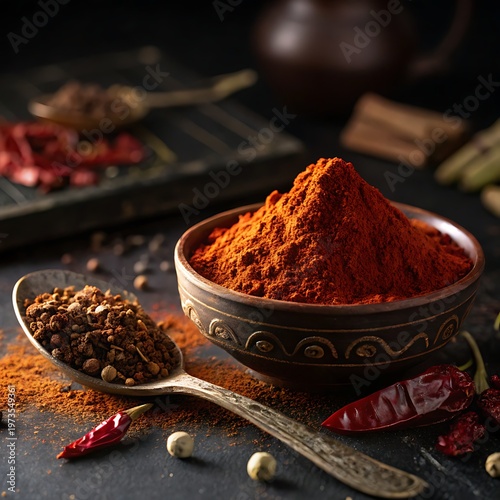 Tandoori masala spice mix in bowl with spoon and red chili peppers on dark background