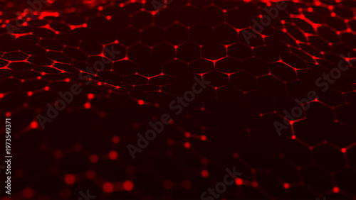 A bright red hexagonal grid undulates smoothly, like a living digital fabric. A futuristic hexagonal background. Glowing nodes are connected by lines, forming a honeycomb structure.