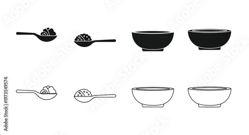 Black and white illustration of spoons and bowls in various views