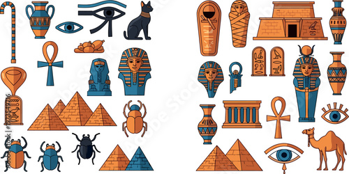 Collection of Ancient Egyptian Symbols Including Pyramids Ankh Eye of Horus Pharaoh Cat and Hieroglyph Elements for History and Culture Designs