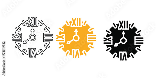 Clock Face Icons: Line Art, Color, and Silhouette with Roman Numerals