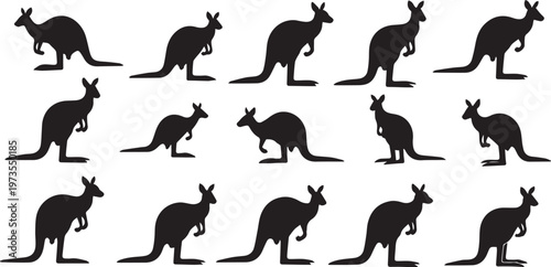 Kangaroo Silhouette Set, Australian Wildlife Marsupial Vector Icons