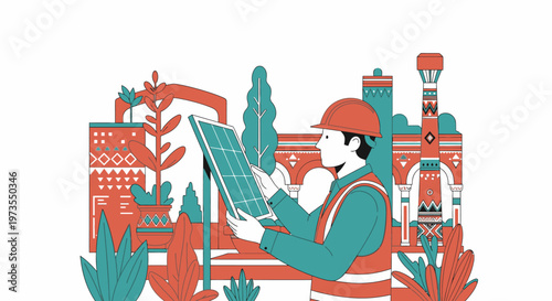 Man in hard hat holding solar panel with stylized cityscape and greenery in background, renewable energy concept
