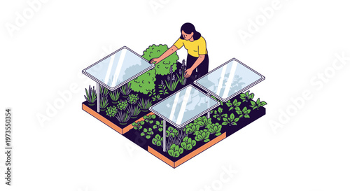 Urban garden with solar panels, woman tending to plants, sustainable agriculture, city farming, renewable energy concept