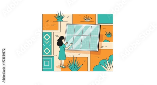 Woman installing a solar panel on a wall with plants and geometric patterns, concept of renewable energy and sustainability