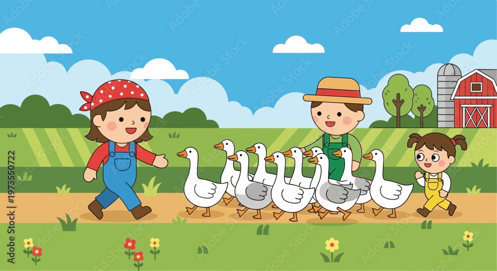 Fototapeta premium Children and Geese on a Farm.