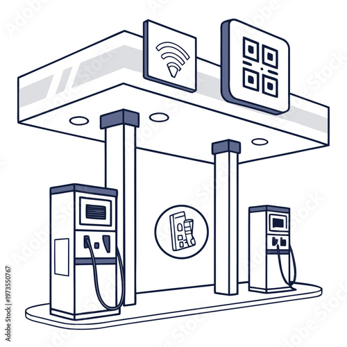 An illustration depicts a modern gas station canopy with integrated payment and technology features for convenient refueling high quality professional