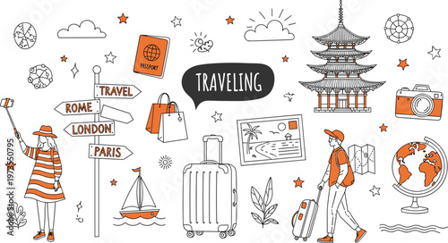 Hand Drawn Travel Illustration Set Featuring Traveler, Suitcase, Map, Camera, Globe, Landmark, Direction Signs, and Vacation Elements