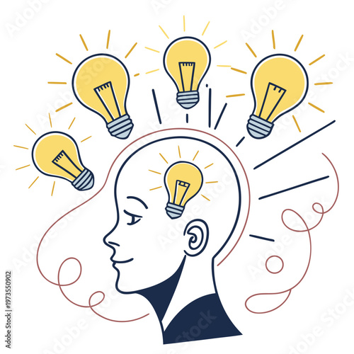 A stylized illustration depicts a human head in profile with several glowing light bulbs emanating from within representing ideas