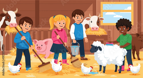 Children helping on a farm with animals.