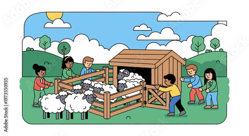 Children Herding Sheep into a Wooden Pen on a Sunny Day.