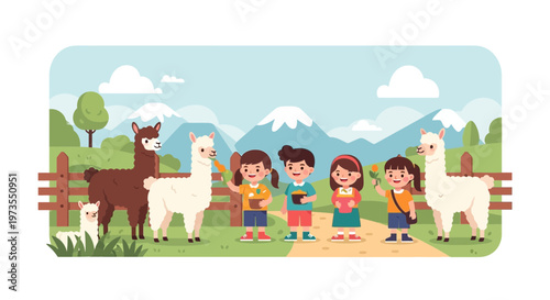 Children interacting with alpacas on a farm.