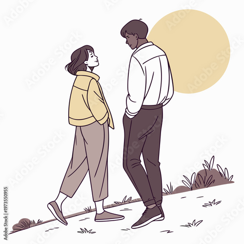 A young couple gazes upwards with affection standing outdoors against a minimalist backdrop of a large warm toned circle