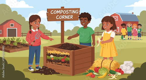 Children learning about composting at a farm.