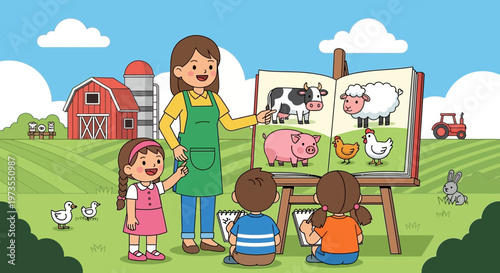 Children learning about farm animals from a teacher.