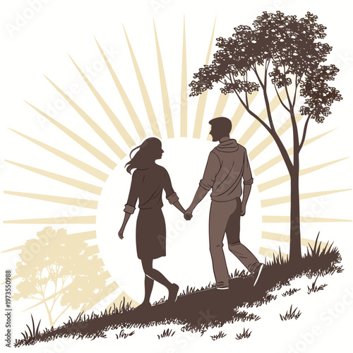 A silhouetted couple walks hand in hand towards a radiant sunburst framed by trees and a rolling grassy landscape