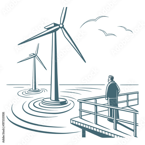 A stylized illustration depicts a man overlooking a landscape with wind turbines and birds in flight suggesting clean energy