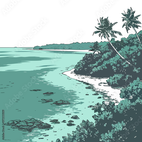 A serene coastal landscape depicts a teal ocean meeting a sandy shore framed by lush green vegetation and swaying palm trees