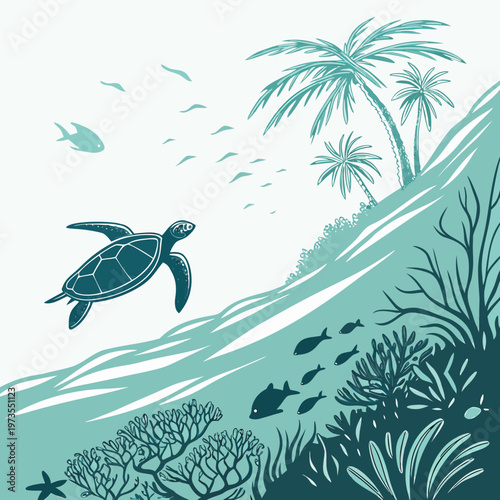 A stylized illustration depicts a sea turtle gracefully swimming amidst coral fish and palm trees near a tropical shore