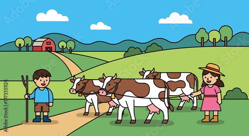 Children tending to cows on a farm.