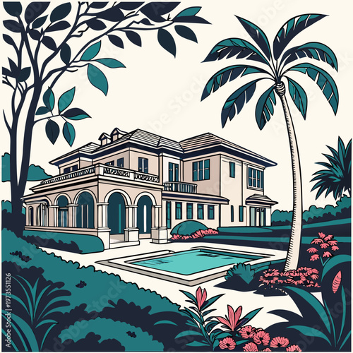 A vibrant illustration depicts a luxurious two story villa with a poolside framed by lush tropical foliage and a clear blue sky