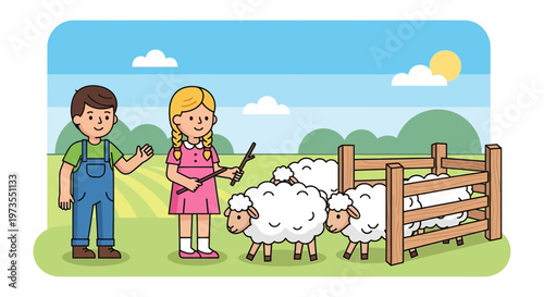 Children tending to sheep on a farm.