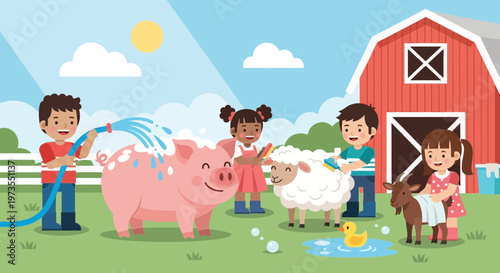 Children washing farm animals on a sunny day.