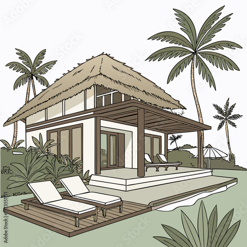 A charming illustrated bungalow with a thatched roof sits amidst lush tropical foliage and a serene beach backdrop high quality