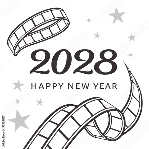 A stylized graphic features film reels stars and the year 2028 with a happy new year message conveying a celebratory theme