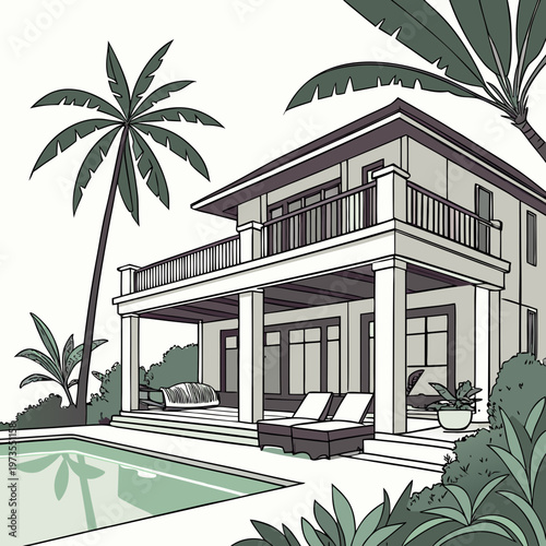 A detailed illustration depicts a spacious light gray beach house with a wraparound porch pool and lush tropical foliage