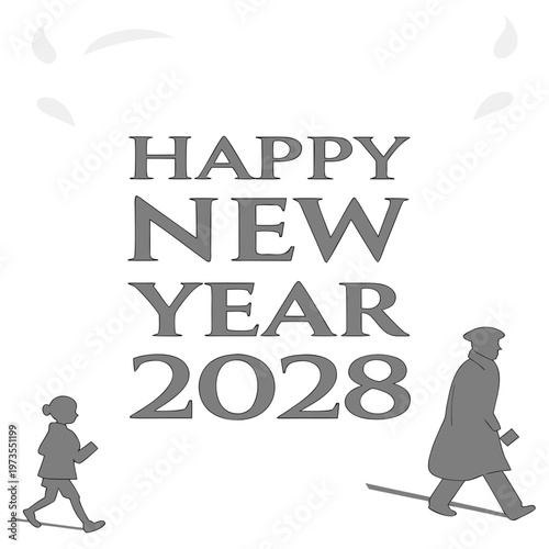 A grayscale illustration depicts happy new year 2028 with a silhouetted family walking into the future high quality professional detailed