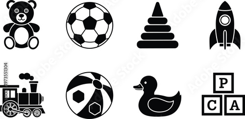 Vector silhouette illustration of classic children’s toys including teddy bear, soccer ball, stacking rings, rocket, train, duck, blocks artwork