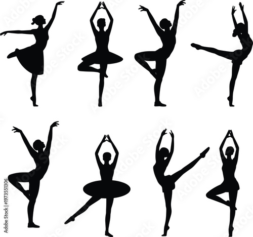 Ballet dancer silhouette illustration featuring classical poses, symbolizing dance, performance, elegance, art, and cultural design projects