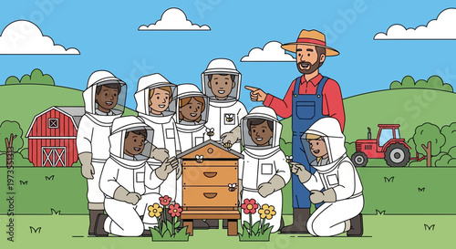 Diverse group of children learning beekeeping from a farmer.