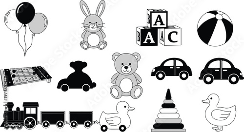 Vector silhouette illustration of classic children’s toys including teddy bear, train, cars, blocks, balloons, xylophone, and playful equipment design