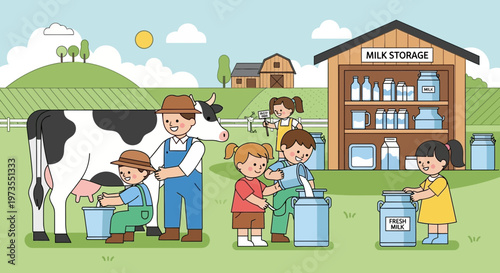 Farm life illustration of cow milking and milk processing.