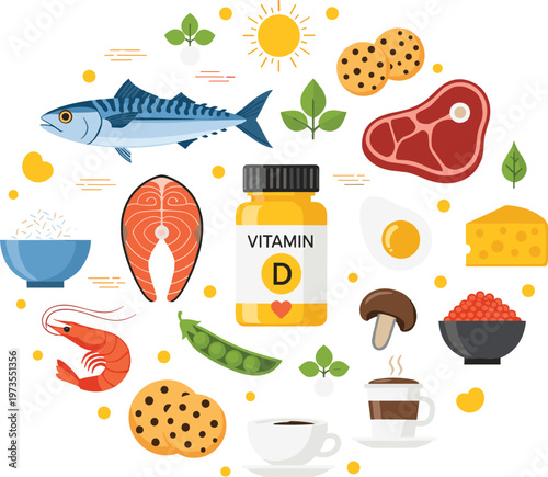 Vitamin D Rich Foods Illustration Set Featuring Fish, Salmon, Eggs, Mushrooms, Dairy, Meat, Cookies, Coffee, and Sunlight Nutrition Sources Vector Collection