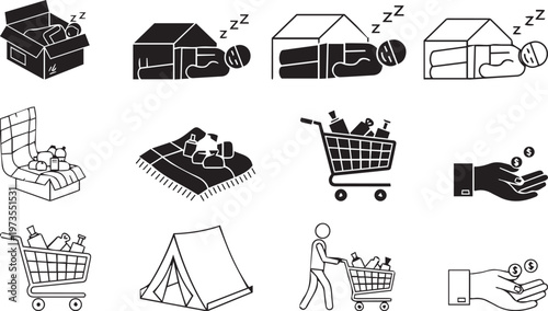 A comprehensive set of vector shopping icons featuring symbols for business retail including a cart, basket, gift bag, and money signs for web design and delivery service illustrations.