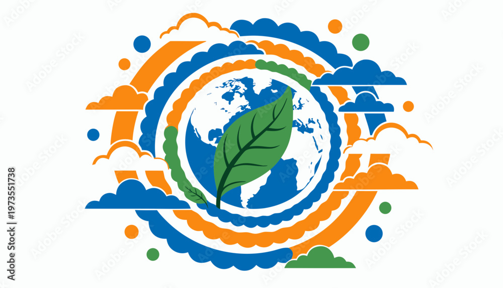 Obraz premium Circular earth and leaf sustainability emblem framed by clouds and dotted rings on a light background