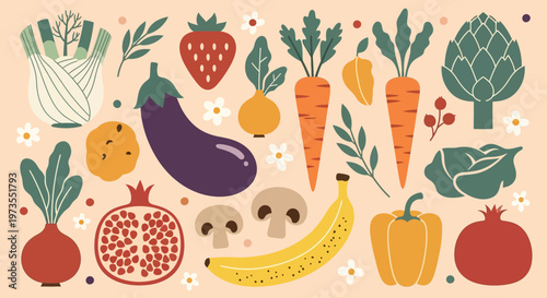 Modern Flat Illustration Collection of Organic Fruits and Vegetables, Healthy Food Graphic Design with Carrots, Eggplant, and Pomegranate
