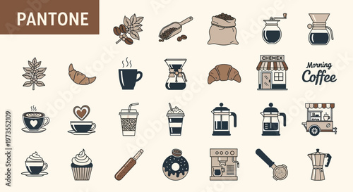 Coffee Shop Icon Collection - Professional Cafe Equipment, Brewing Tools, and Breakfast Pastries Vector Set in Pantone Brown Tones